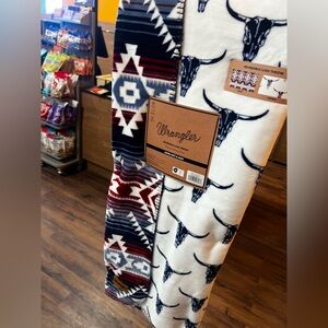 Wrangler Navajo & Steer Skull Reversible Throw - Red, Navy, Cream